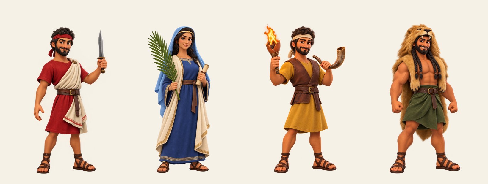 I Built a Bible-Themed Yut Nori Board for Our Church Screen with AI (and What Broke) AI-generated cartoon characters of Ehud, Deborah, Gideon and Samson