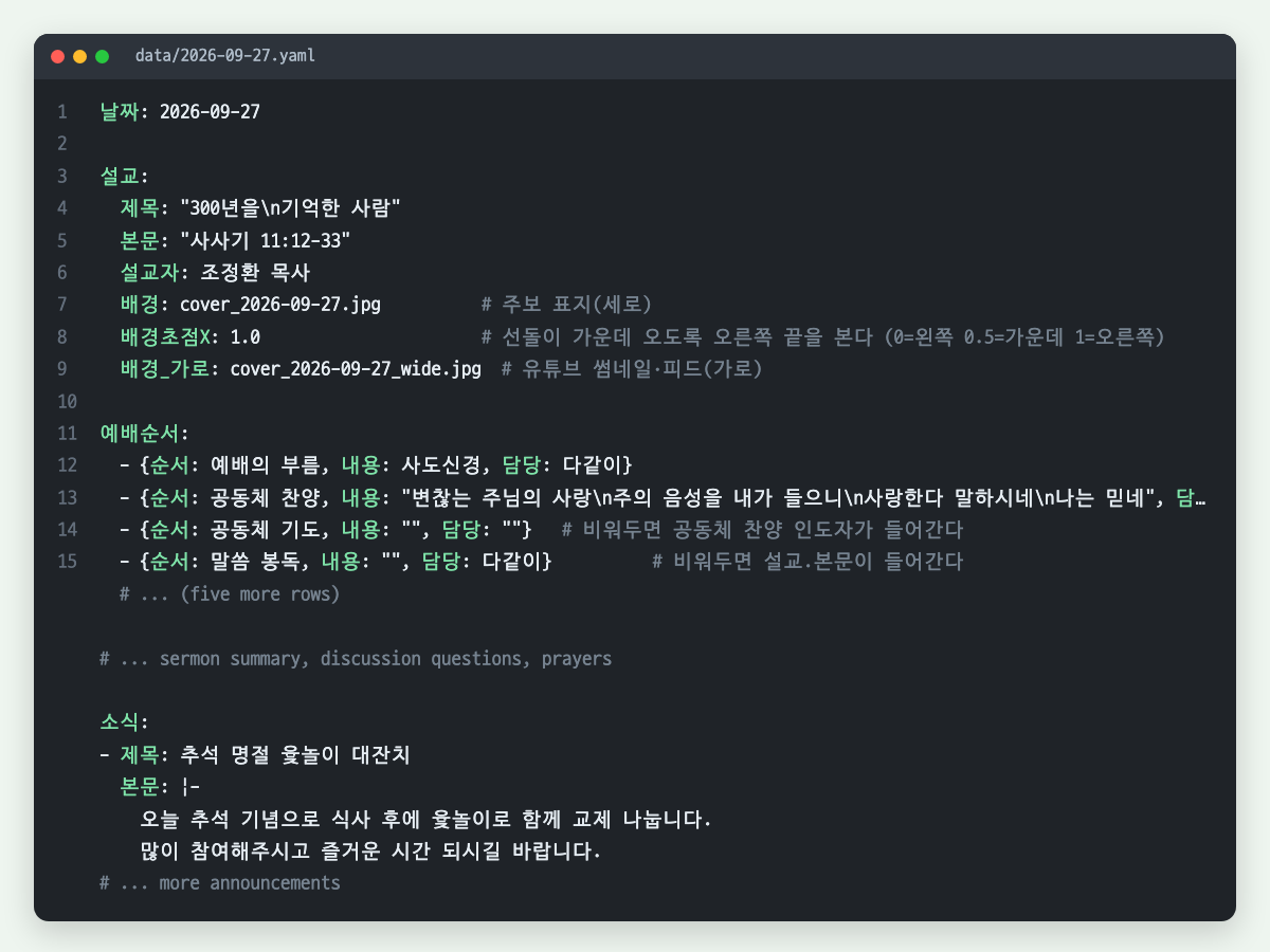 I Replaced Our Church Bulletin Template with a Text File (and Everything That Broke) Part of the weekly YAML file for the church bulletin: date, sermon title, passage, preacher, cover photo and order of worship
