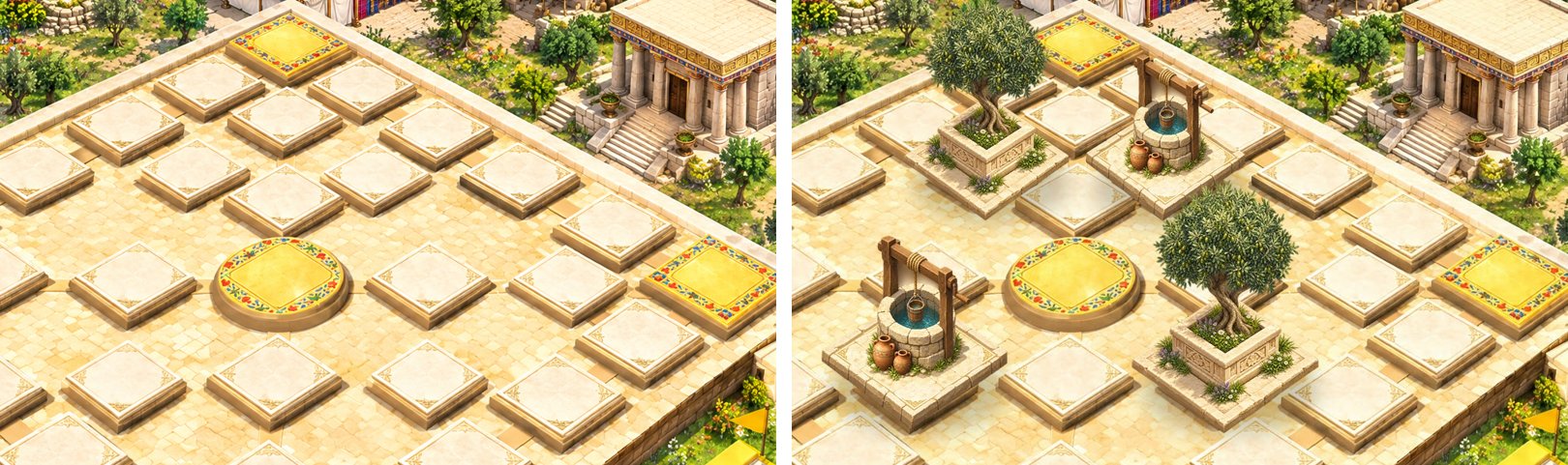I Built a Bible-Themed Yut Nori Board for Our Church Screen with AI (and What Broke) Before and after: four fake tiles on the AI painting covered with olive trees and wells