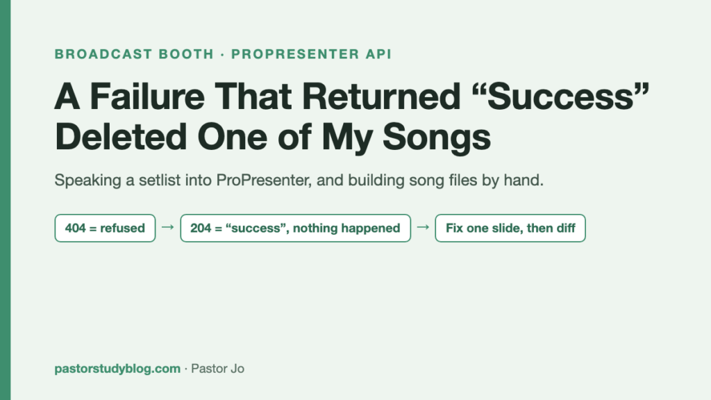 A Failure That Returned "Success" Deleted One of My Songs: Automating ProPresenter Playlists Title card: a failure that returned "success" deleted one of my songs, automating ProPresenter playlists