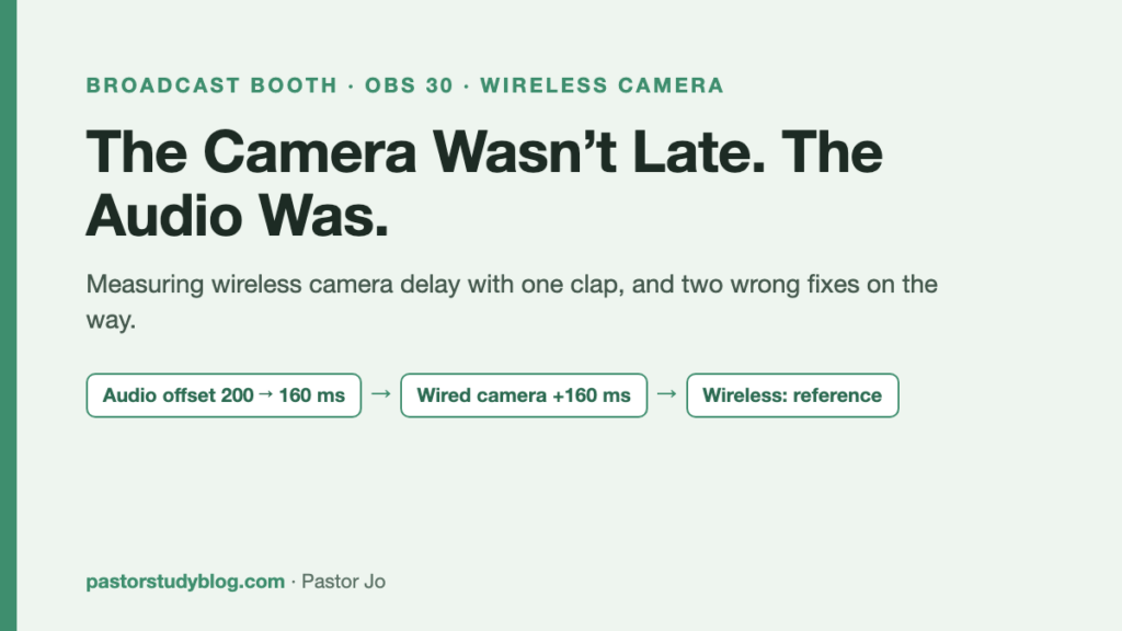 The Camera Wasn't Late. The Audio Was: Measuring Wireless Camera Delay in OBS with a Clap Title card: the camera wasn't late, the audio was. Measuring wireless camera delay in OBS with a clap