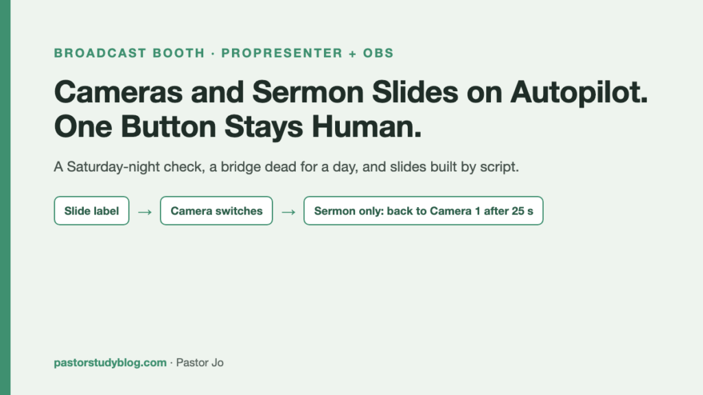Cameras and Sermon Slides on Autopilot: One Saturday Night in a Small Church Booth Title card: cameras and sermon slides on autopilot, with the 25-second sermon-only return to Camera 1