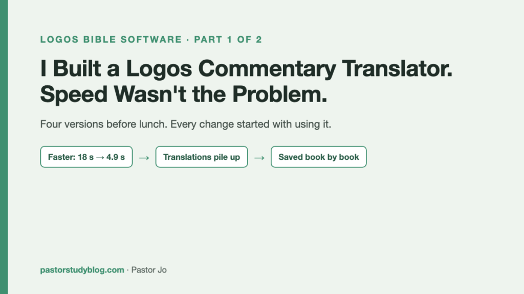 I Built a Screen Translator for My Logos Commentaries. The Real Problem Wasn't Speed. Title card: I built a Logos commentary translator. Speed was not the problem.